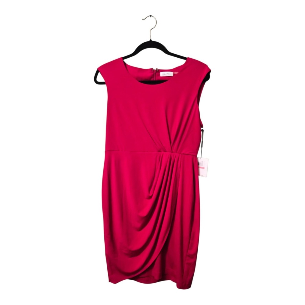 Calvin Klein Dress Size 10 Scarlet Red Faux Wrap Ruched Draped Sheath Nwt